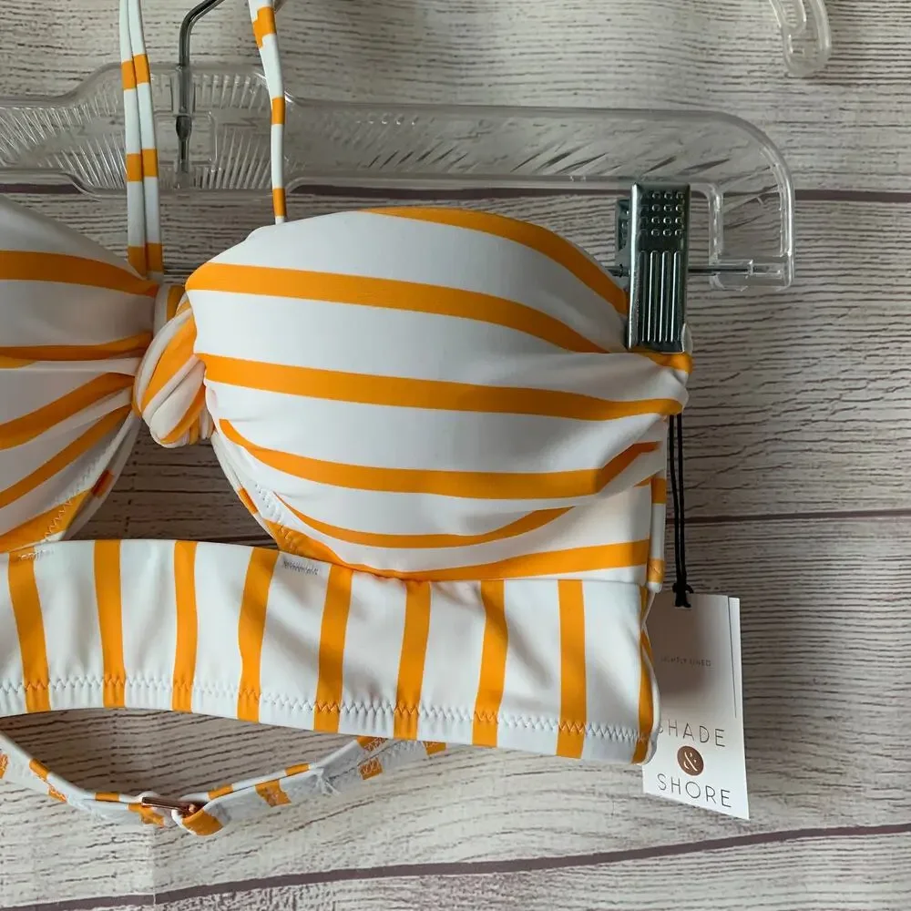Shade & Shore Yellow and White Stripe Bikini Top Front Keyhole Halter Straps 34A